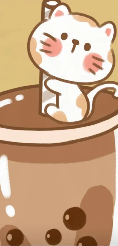 Adorable cartoon cat inside a bubble tea cup design.