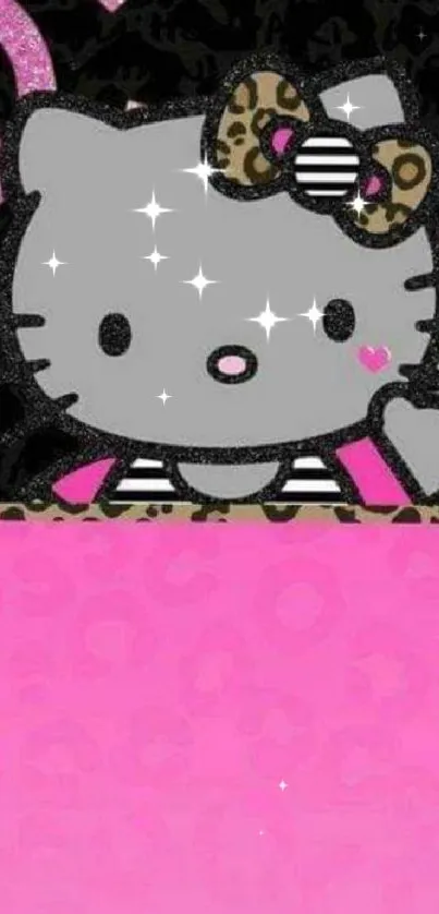 Cartoon cat wallpaper with pink and leopard print accent.