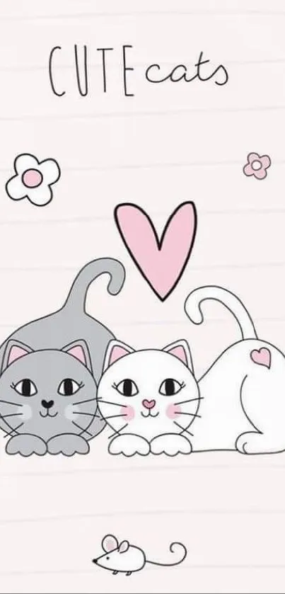 Adorable cartoon cats with hearts in pastel colors.