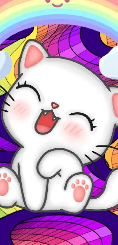 Cute cartoon cat with rainbow background.
