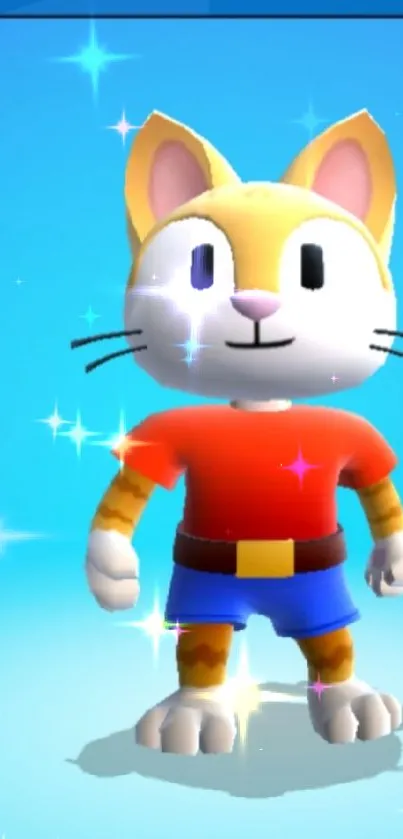 Charming cartoon cat in red shirt with a blue background and sparkling stars.