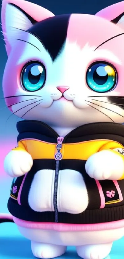 Cute cartoon cat in a colorful hoodie with blue eyes, perfect for mobile wallpaper.