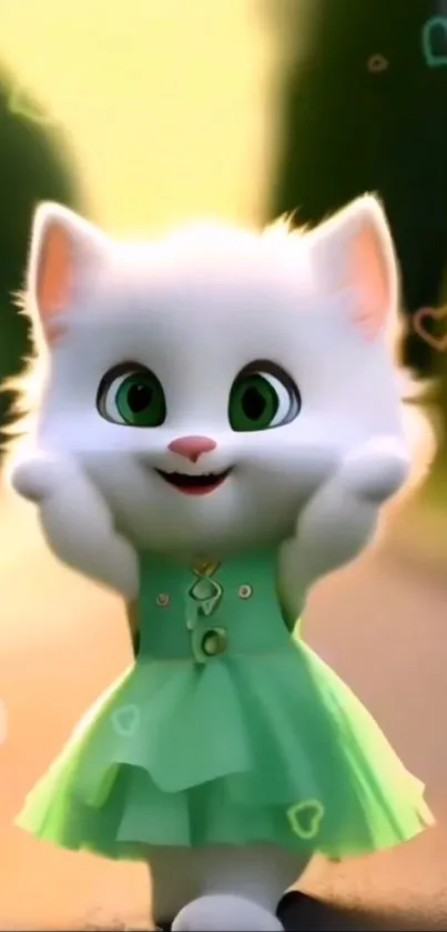 Cute cartoon cat in a green dress on a sunny path.