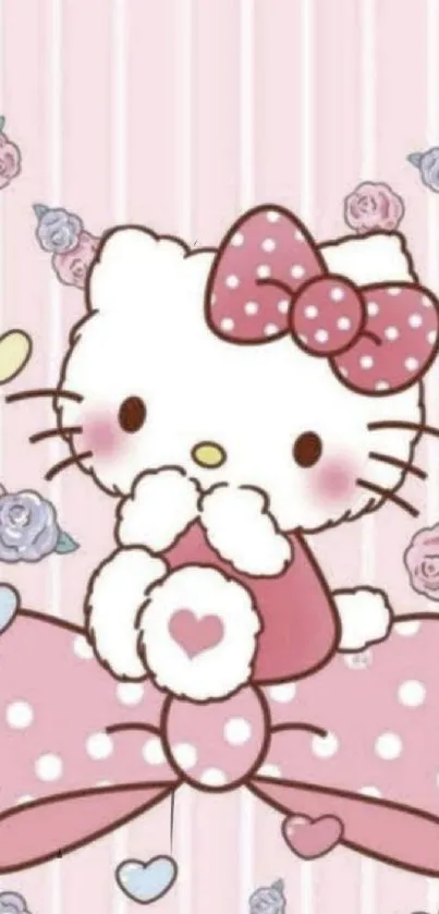 Cute cartoon cat with pink polka dot bow and floral design.