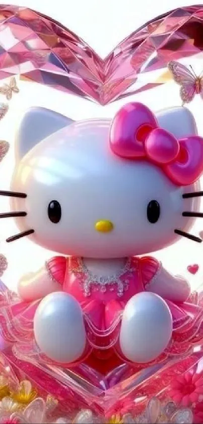 Cute cartoon cat in pink heart design with butterflies.