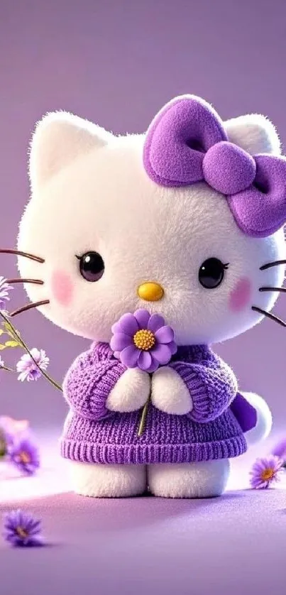 Cute cartoon cat with a purple bow and flowers on a purple background.