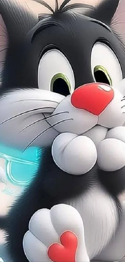 Cute cartoon cat with big eyes and red nose