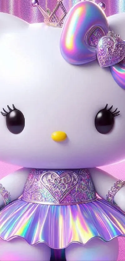 Adorable cartoon cat with iridescent bow and tutu on pink background.