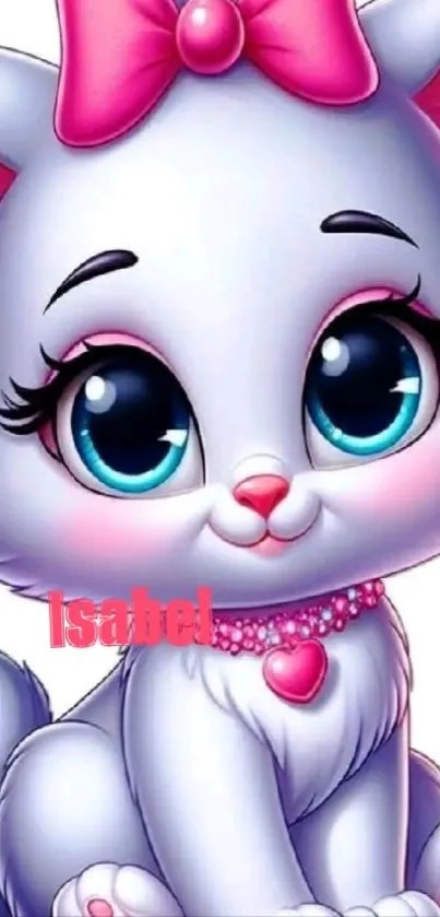 Cute cartoon cat with pink bow and necklace.