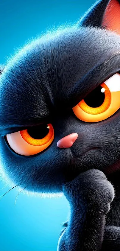 Cartoon cat with bright eyes on a blue background.