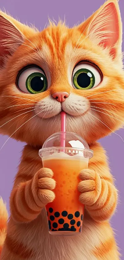 Cute cartoon cat sipping bubble tea.