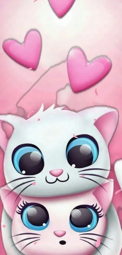 Cute cartoon cats with hearts on a pink background.