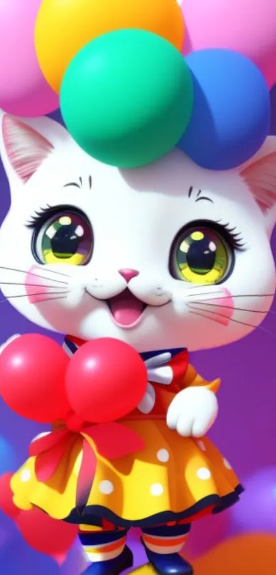 A cute cartoon cat with balloons on a vibrant purple background.
