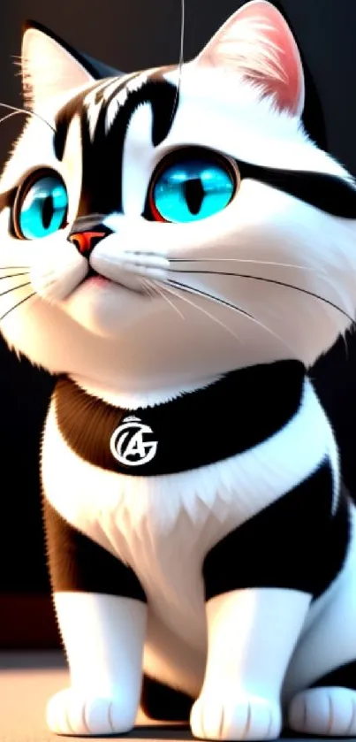 Adorable cartoon cat with vibrant blue eyes and white black fur, perfect for wallpaper.