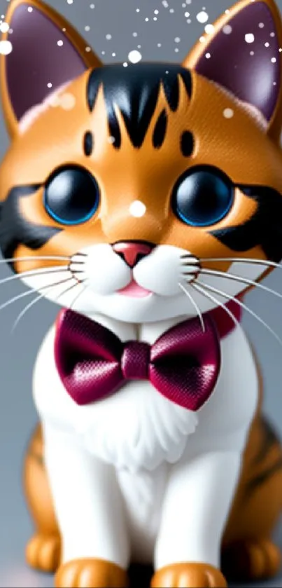 Charming cartoon cat with blue eyes and a red bow tie on a mobile wallpaper.