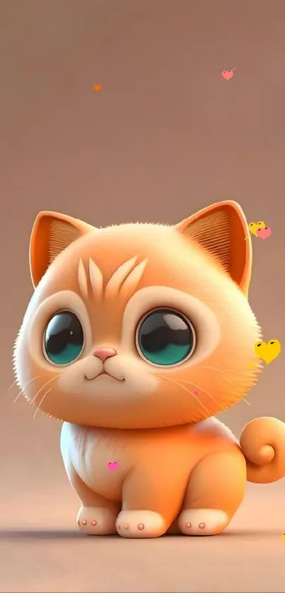 Cute cartoon cat with big eyes on a soft peach background.