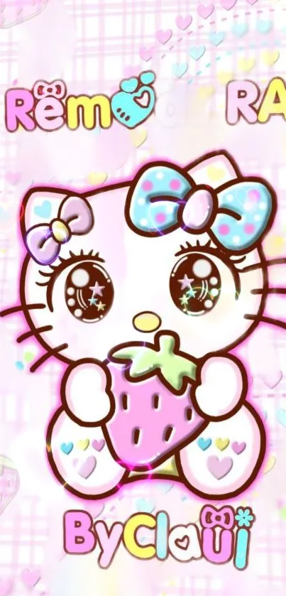 Adorable cartoon cat with a strawberry on a pastel pink background.