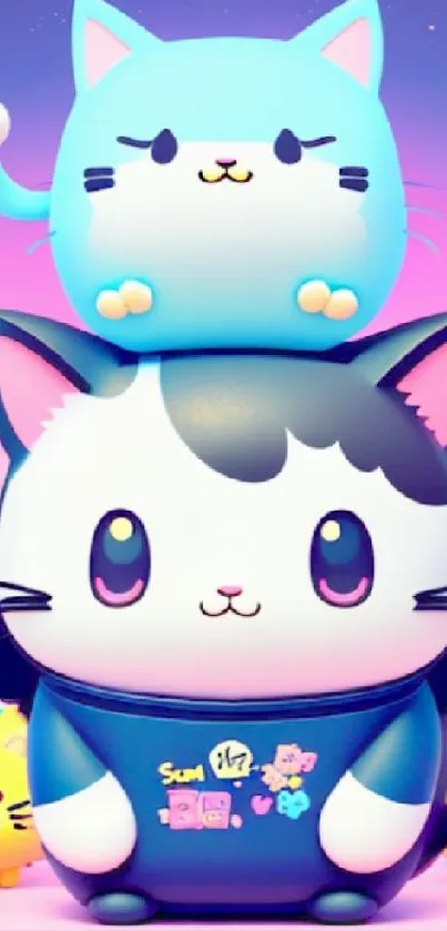 Cute cartoon cats stack on each other with a vibrant pink and blue background.