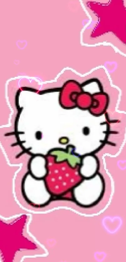 Cartoon cat with strawberry on pink background.