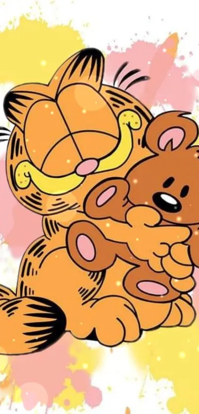 Cartoon cat hugging bear with colorful splashes.