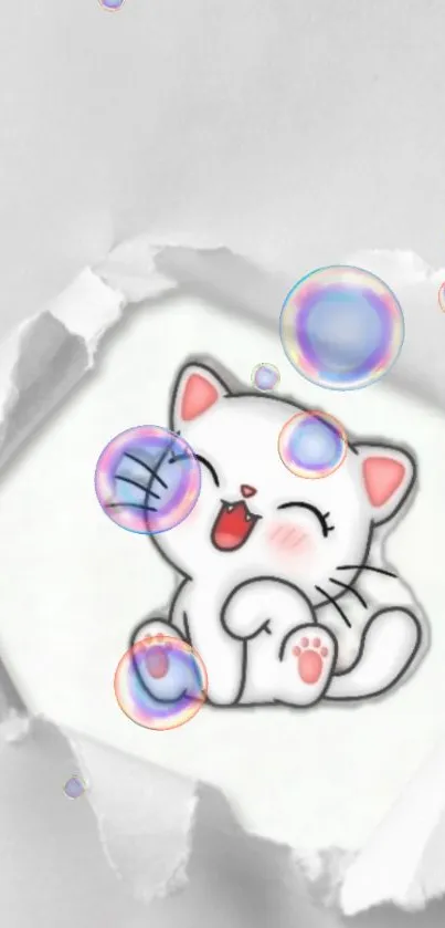 Cute cartoon cat with colorful bubbles on a white background.