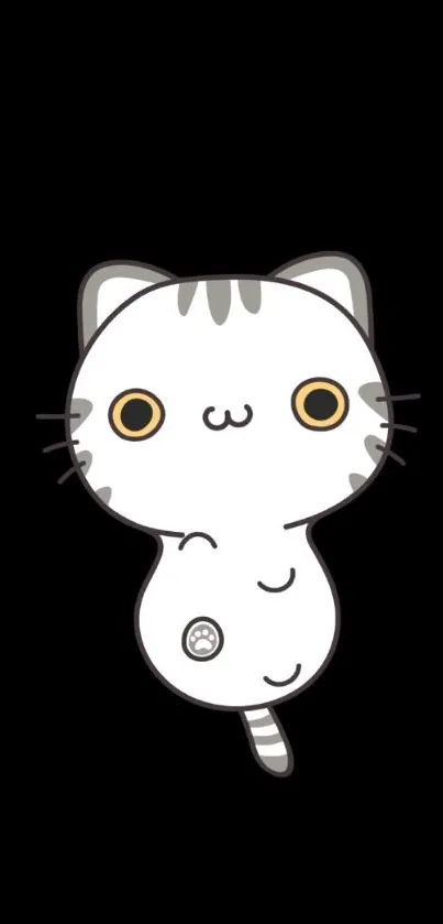 Adorable cartoon cat on black mobile wallpaper.