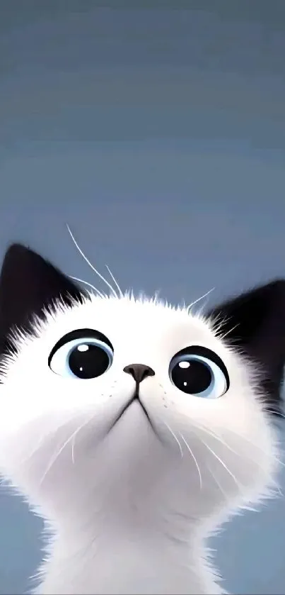 Adorable cartoon cat with big eyes on a light blue background.