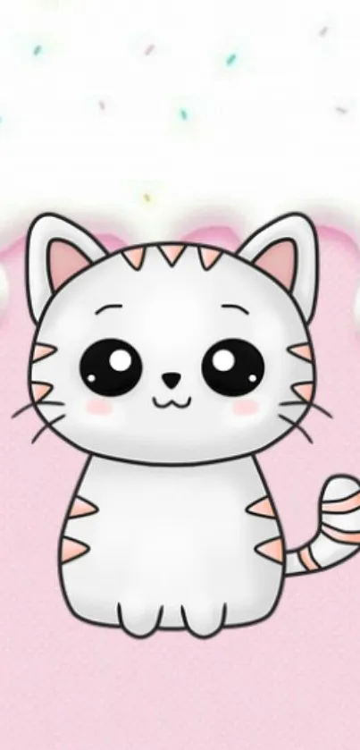 Cute cartoon cat on a pink background with a playful and kawaii style.