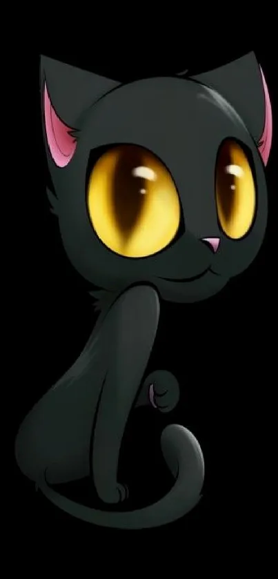 Cute cartoon black cat with big yellow eyes on a dark background.