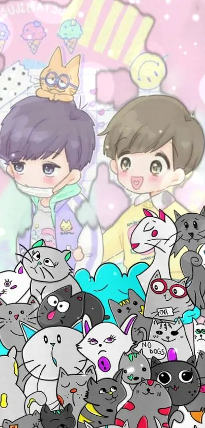 Cute cartoon cat wallpaper with anime characters and pastel colors.