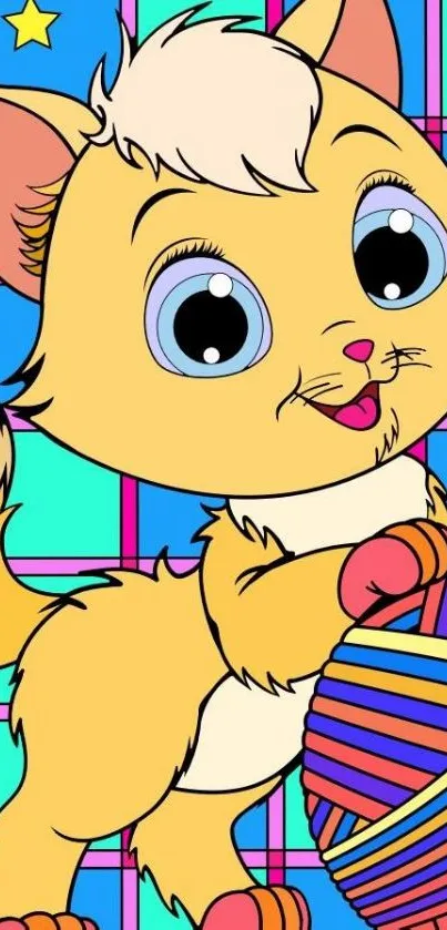 Cute cartoon cat with yarn on colorful background.