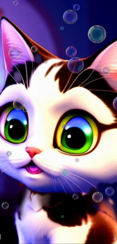 Cute cartoon cat with big green eyes and bubbles.