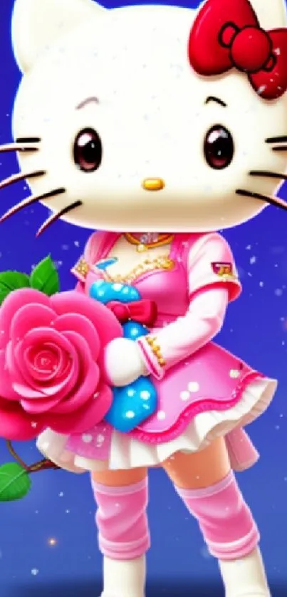 Cute cartoon cat with a rose against a blue background.