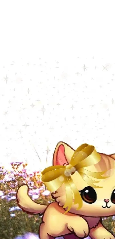 Adorable cartoon cat with a golden bow in a meadow.