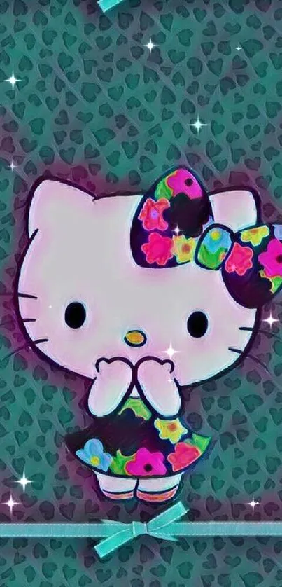 Cute cartoon cat with colorful floral bow on teal background.