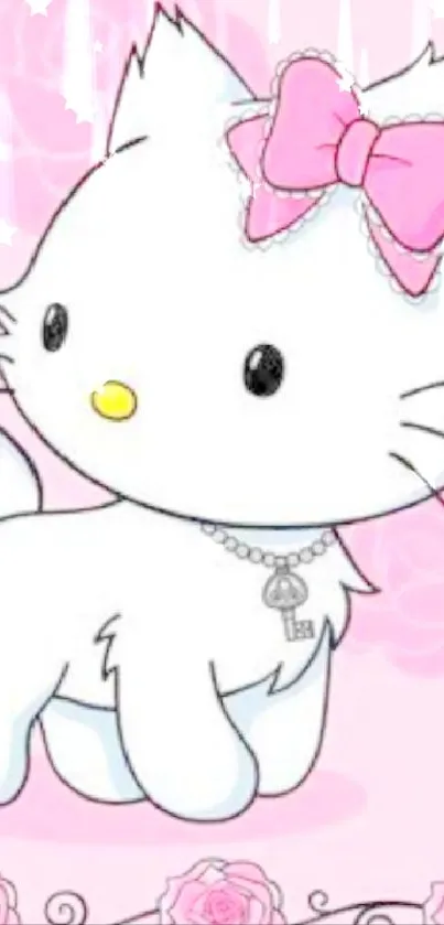 Cute cartoon cat with pink bow and floral background.