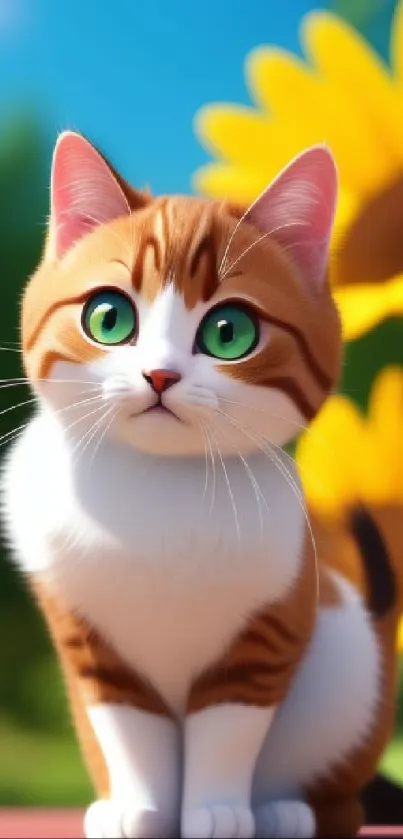 Cute cartoon cat with sunflowers in vibrant nature scene.