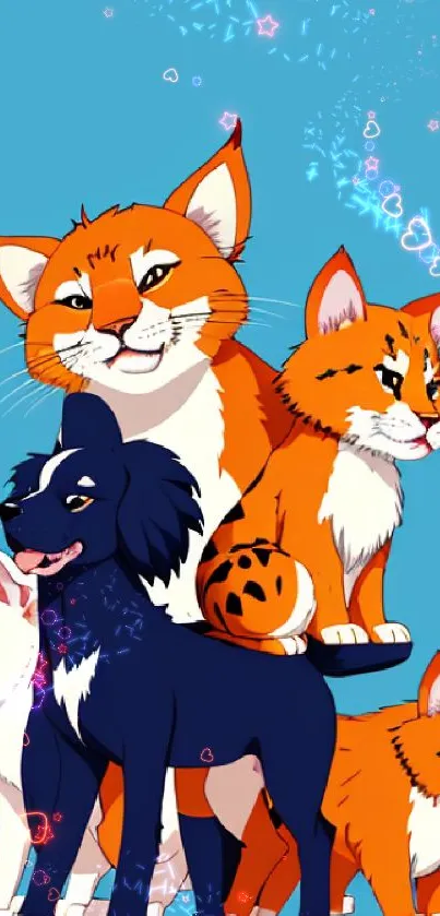 Cartoon cats with a dog on a sky blue background.