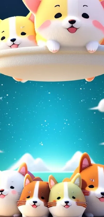 Adorable cartoon cats floating in a serene sky background.