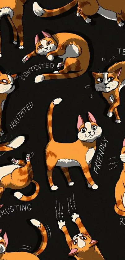 Mobile wallpaper featuring cartoon cats showing different emotions on black background.