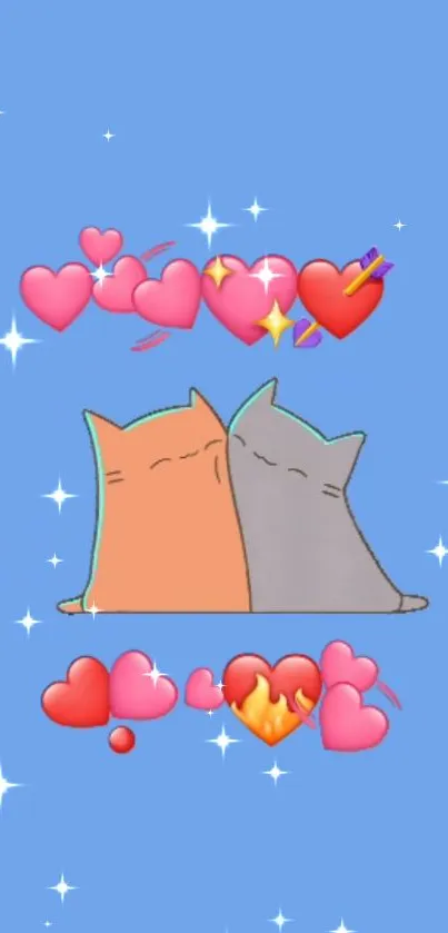 Cute cartoon cats with hearts on a blue background with sparkles.