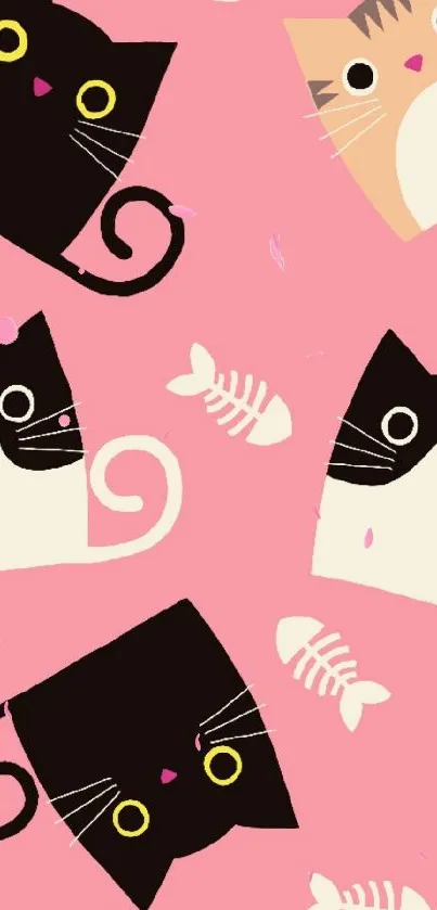 Cute cartoon cats on a pink background for mobile wallpaper.