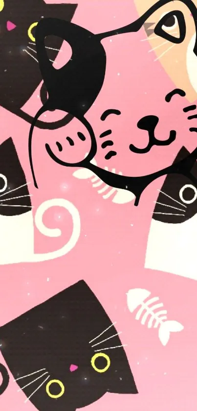 Cute pink cartoon cat wallpaper for mobile.