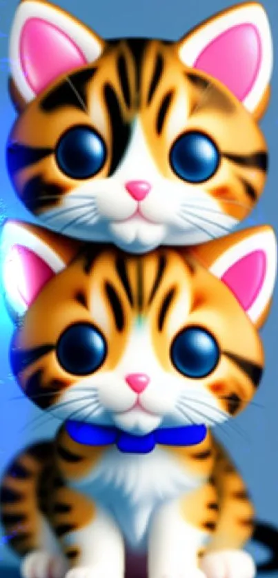 Two stacked cartoon cats on a blue background, ideal for a playful mobile wallpaper.