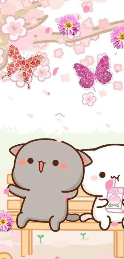 Cute cartoon cats on bench with cherry blossoms and butterflies.