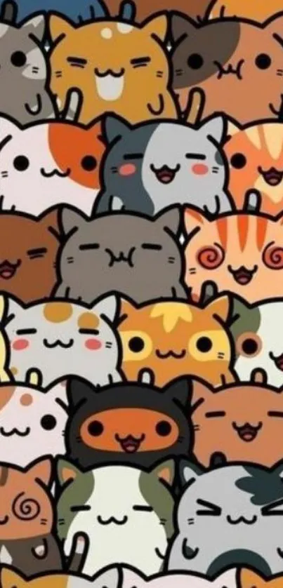 A variety of cute cartoon cats in different colors for a mobile wallpaper.