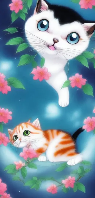 Cute cartoon cats with cherry blossoms on a starry blue background.