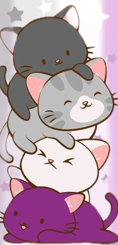 Stack of cute cartoon cats on pastel background.