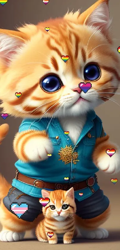 Cute cartoon cats with big eyes wearing vibrant blue shirt.