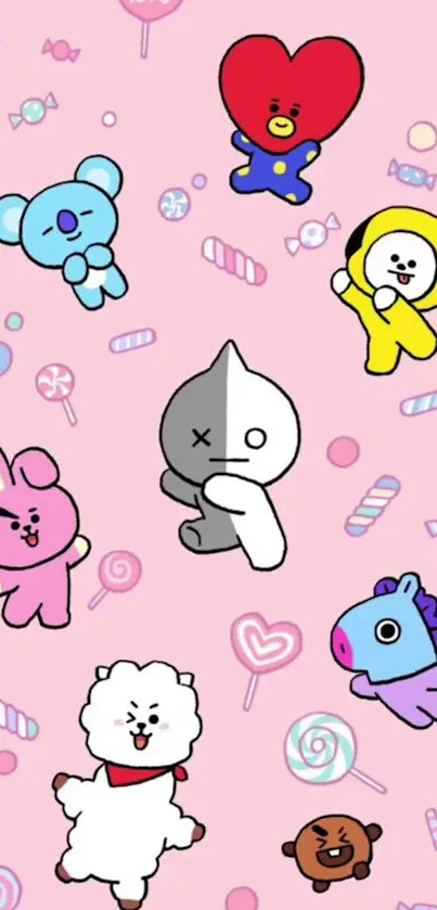 Cute cartoon characters on a pink background with candies.